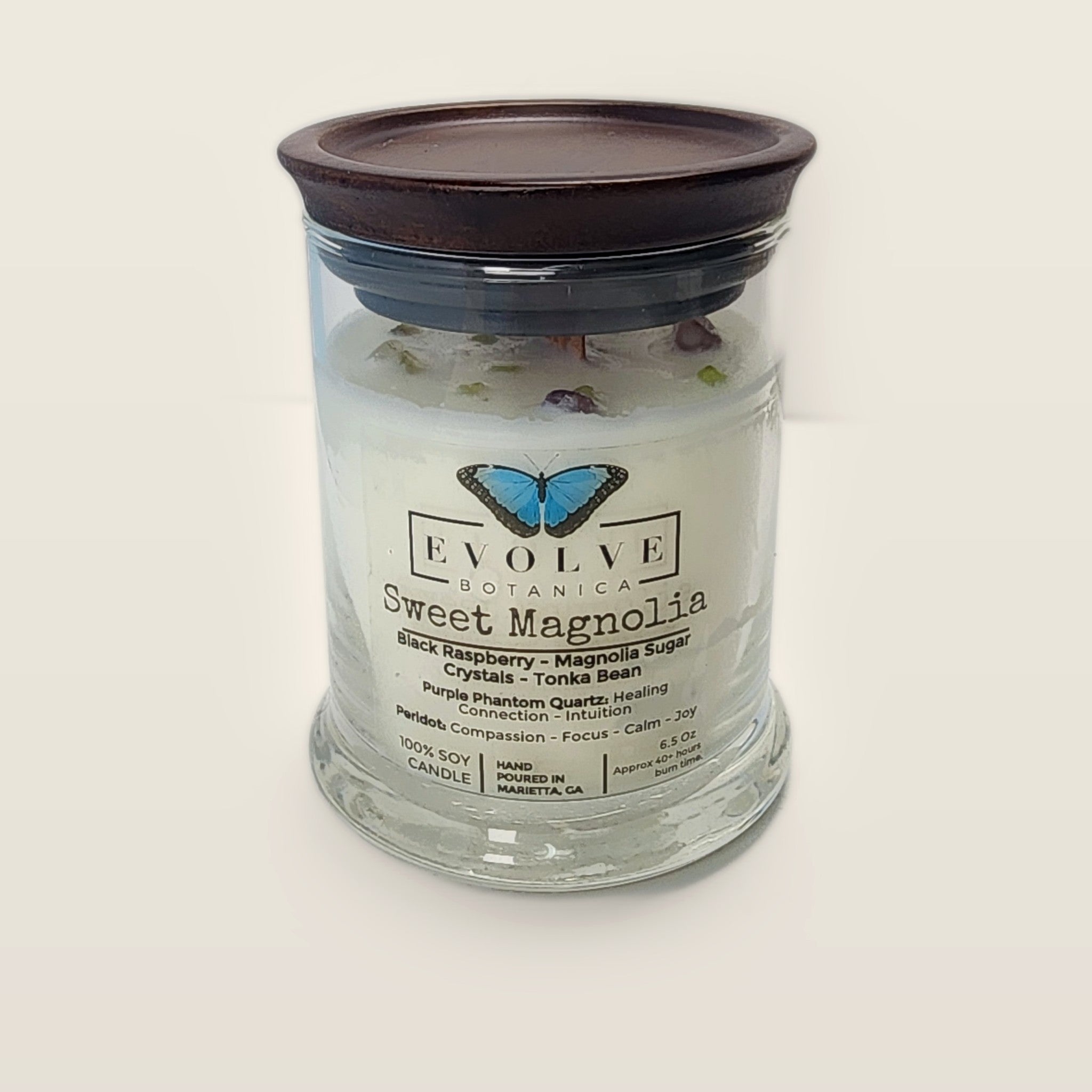 Evolve Botanica Sweet Magnolia 6.5 oz soy sipper candle with wood lid, hand-poured in Marietta GA