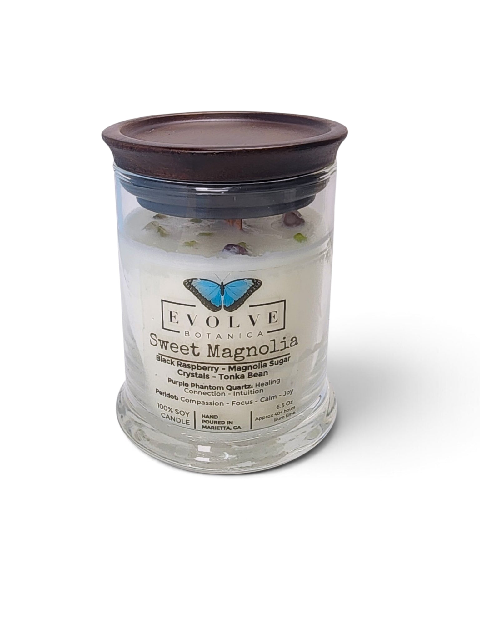 Evolve Botanica Sweet Magnolia 6.5 oz soy sipper candle, crystal candle on white background, hand-poured in Marietta GA