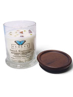Evolve Botanica Sweet Magnolia 6.5 oz soy sipper candle, crystal candle on white background, hand-poured in Marietta GA