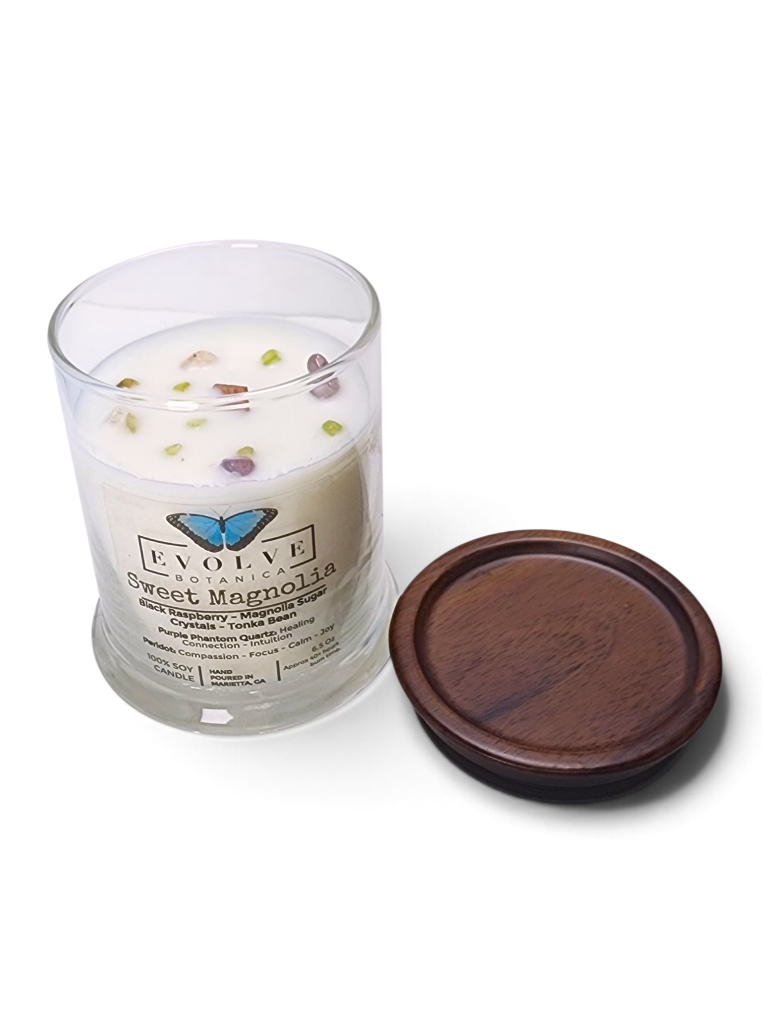 Evolve Botanica Sweet Magnolia 6.5 oz soy sipper candle, crystal candle on white background, hand-poured in Marietta GA