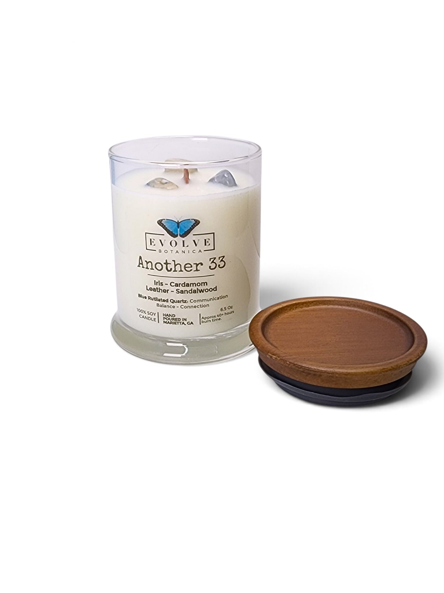 Evolve Botanica Another 33 6.5 oz soy sipper candle, crystal candle on white background, hand-poured in Marietta GA