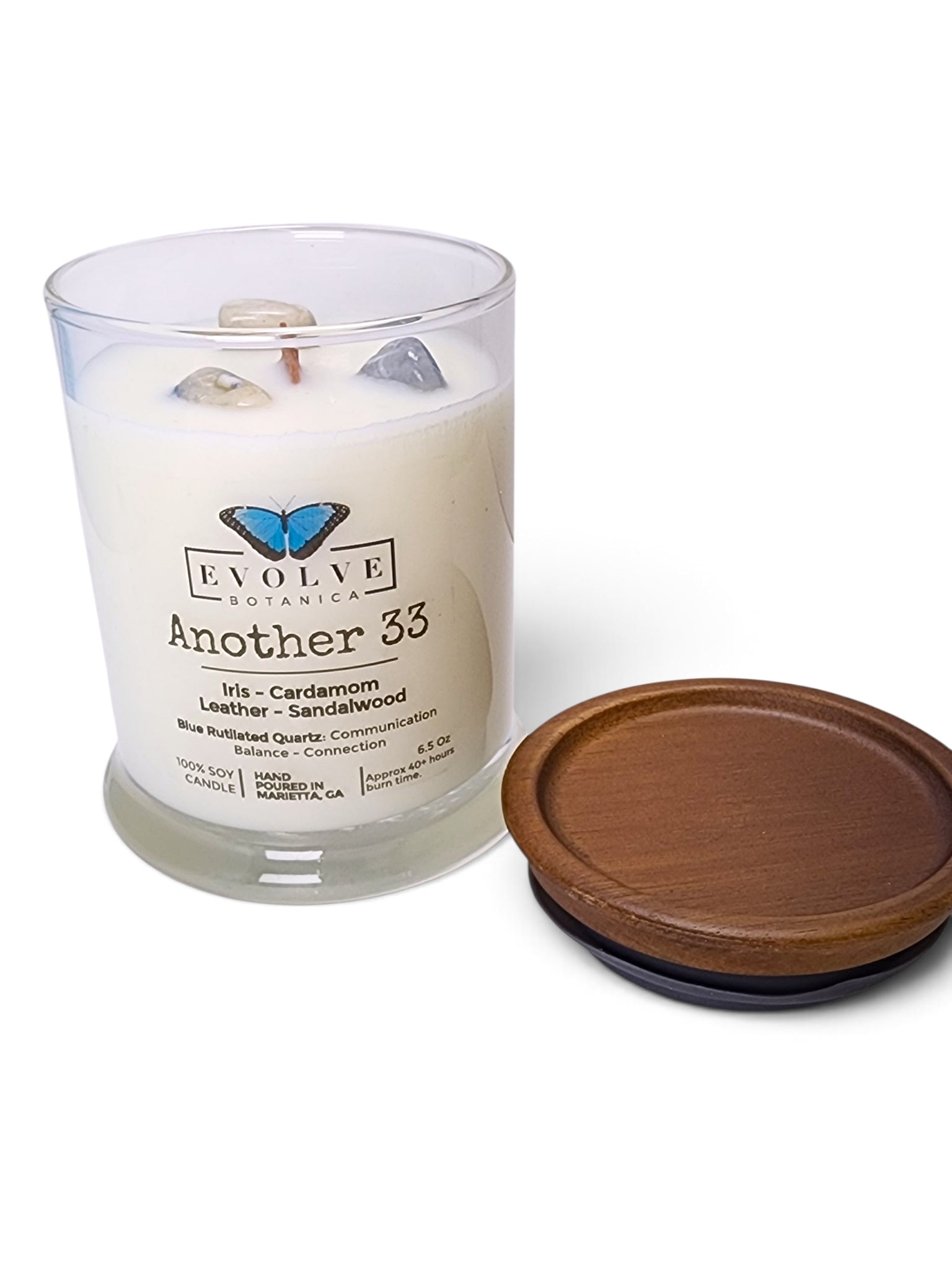 Evolve Botanica Another 33 6.5 oz soy sipper candle, crystal candle on white background, hand-poured in Marietta GA