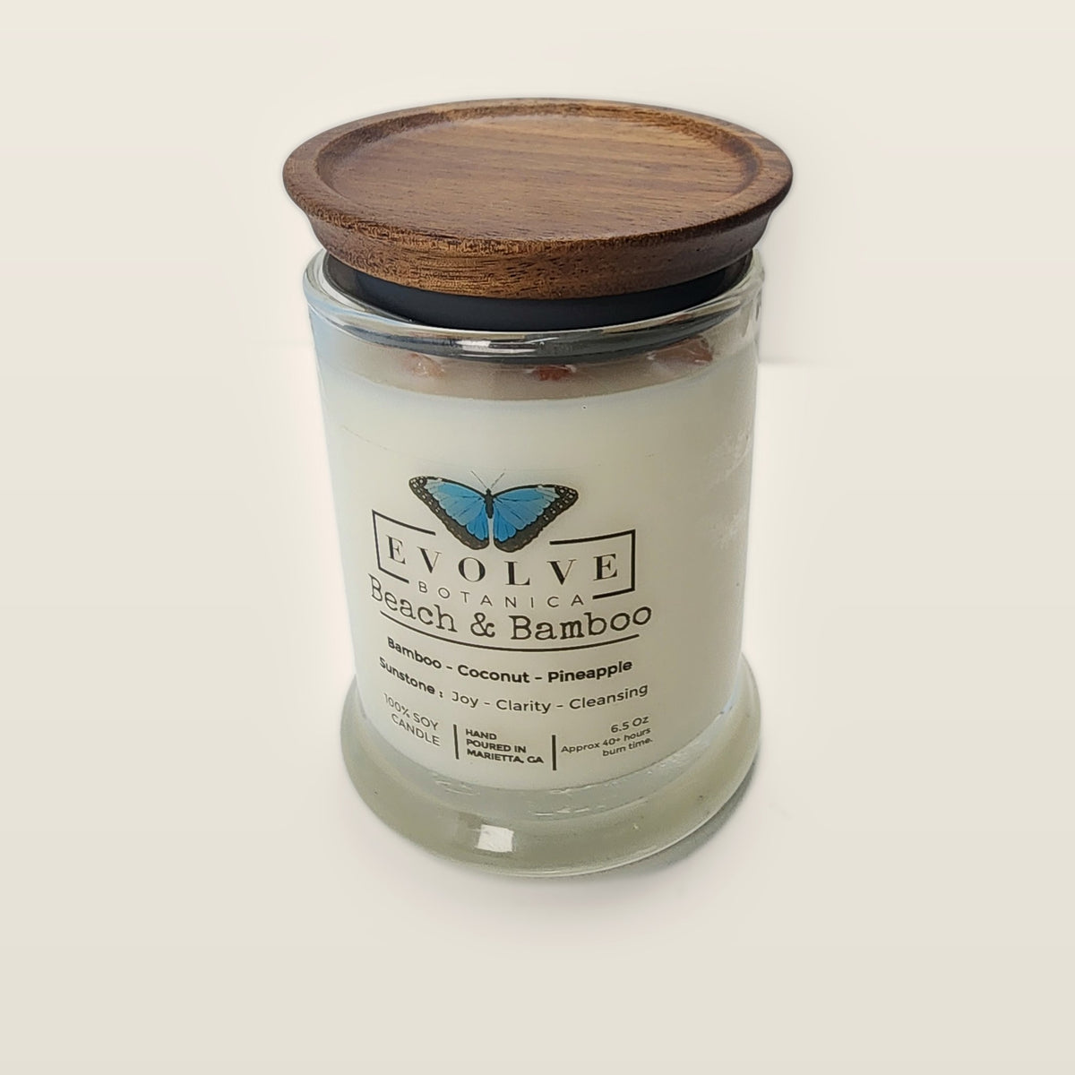 Evolve Botanica Beach & Bamboo 6.5 oz soy sipper candle with wood lid, hand-poured in Marietta GA