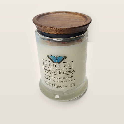 Evolve Botanica Beach & Bamboo 6.5 oz soy sipper candle with wood lid, hand-poured in Marietta GA
