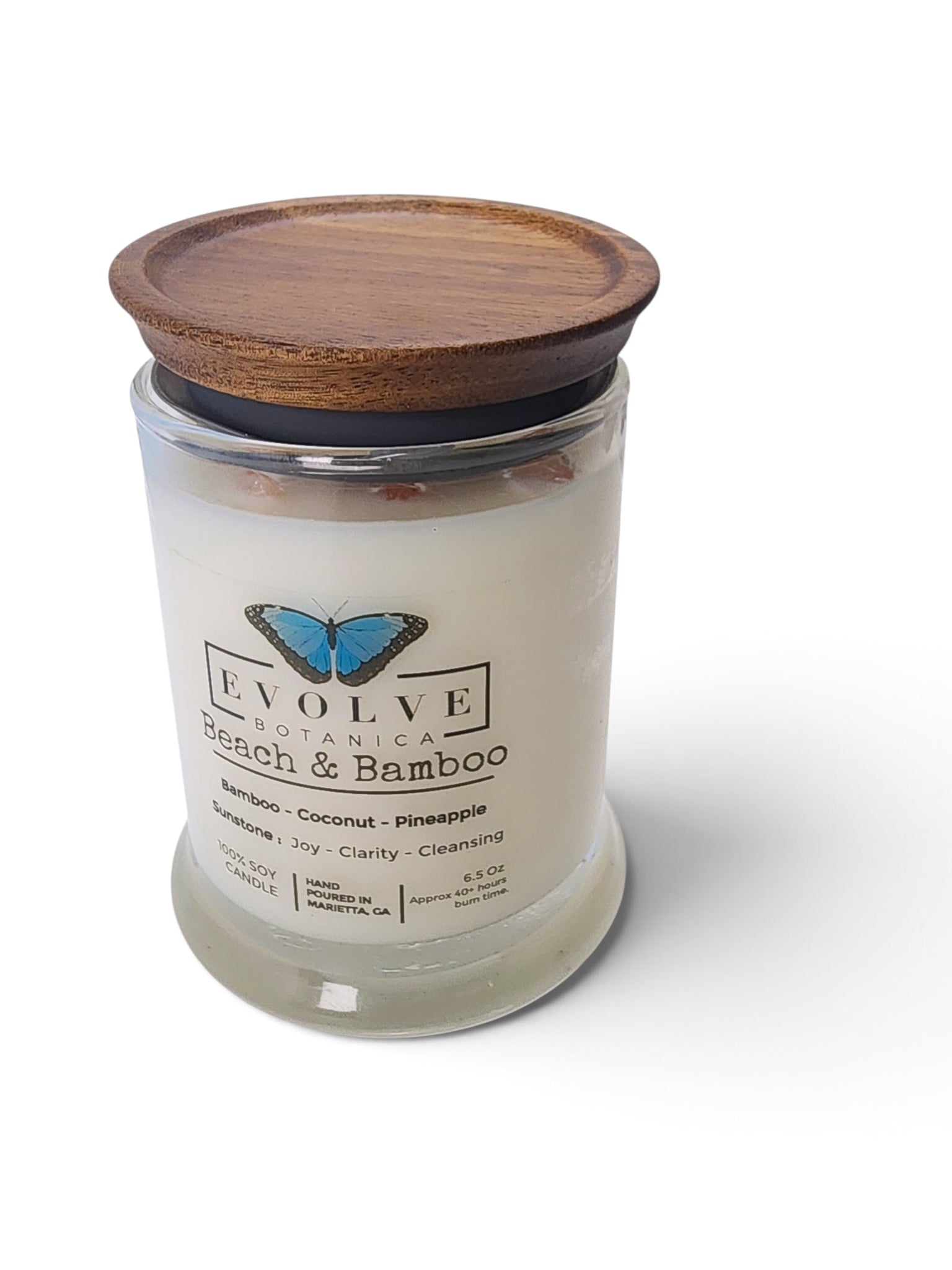 Evolve Botanica Beach & Bamboo 6.5 oz soy sipper candle, crystal candle on white background, hand-poured in Marietta GA