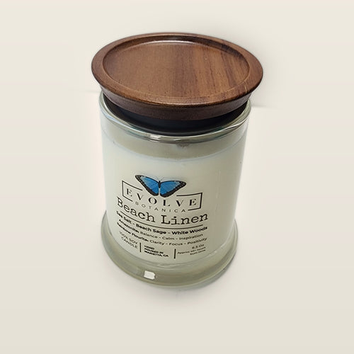 Evolve Botanica Beach Linen 6.5 oz soy sipper candle with wood lid, hand-poured in Marietta GA