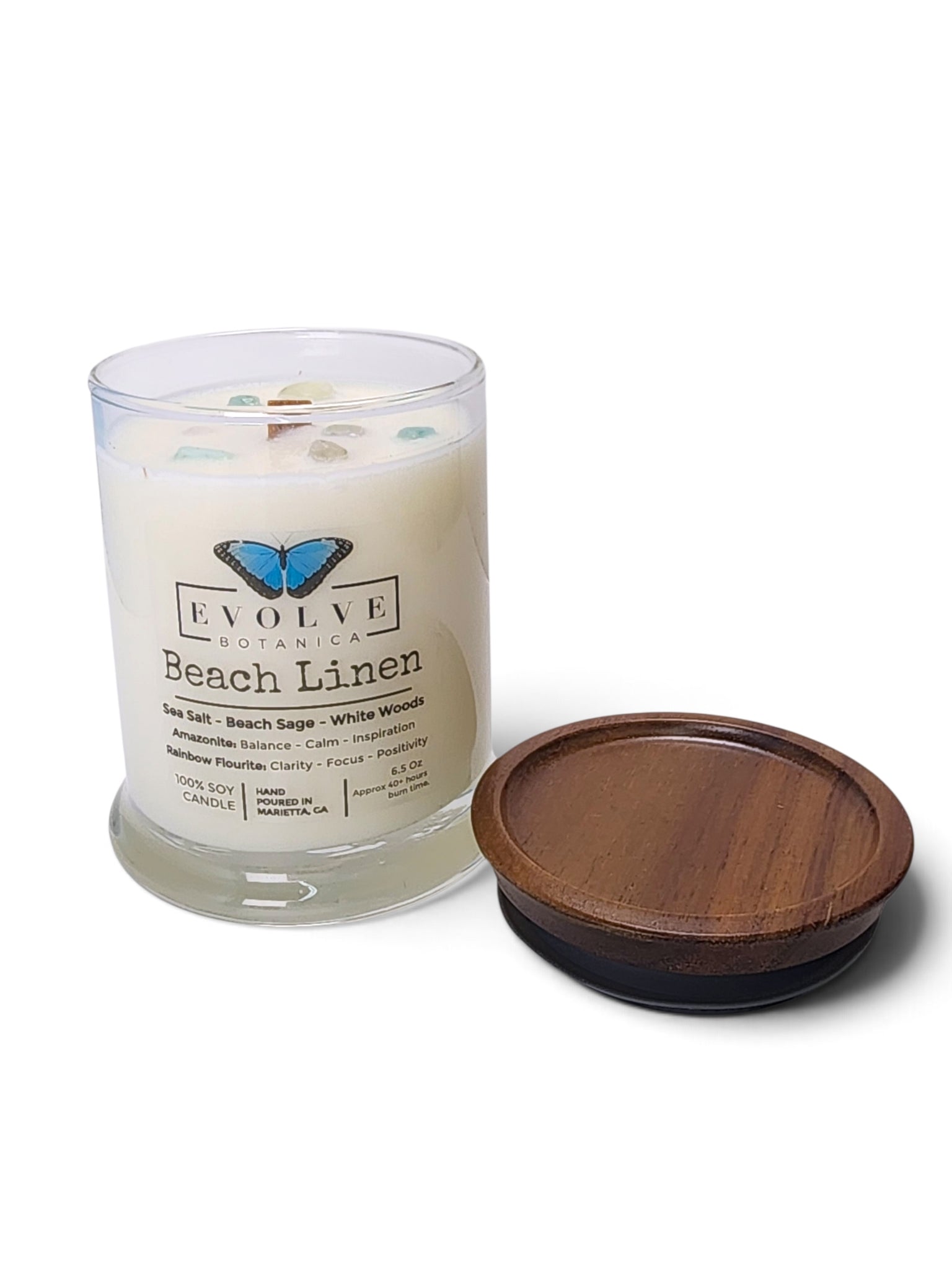 Evolve Botanica Beach Linen 6.5 oz soy sipper candle, crystal candle on white background, hand-poured in Marietta GA