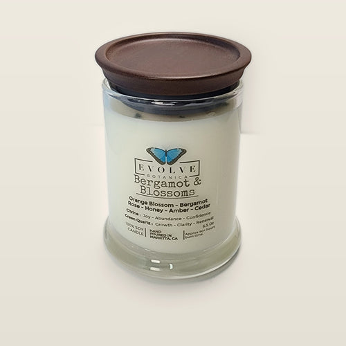 Evolve Botanica Bergamot & Blossoms 6.5 oz soy sipper candle with wood lid, hand-poured in Marietta GA