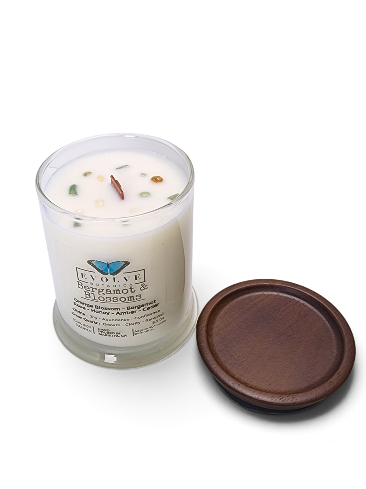 Evolve Botanica Bergamot & Blossoms 6.5 oz soy sipper candle, crystal candle on white background, hand-poured in Marietta GA