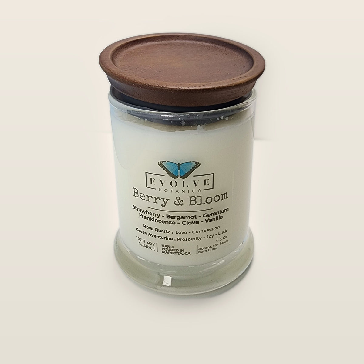 Evolve Botanica Berry & Bloom 6.5 oz soy sipper candle with wood lid, hand-poured in Marietta GA