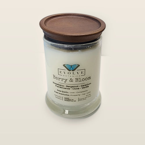 Evolve Botanica Berry & Bloom 6.5 oz soy sipper candle with wood lid, hand-poured in Marietta GA