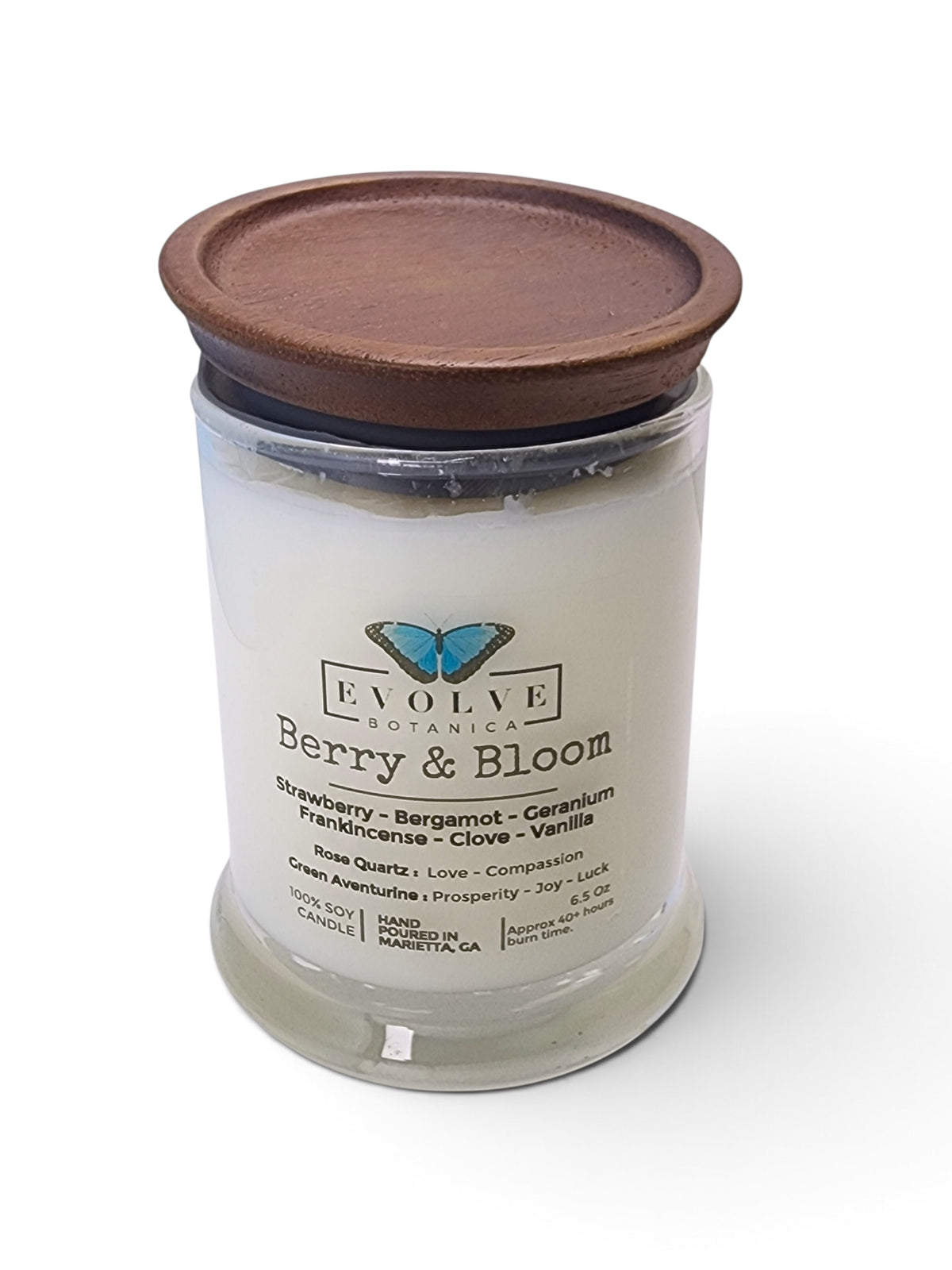 Evolve Botanica Berry & Bloom 6.5 oz soy sipper candle, crystal candle on white background, hand-poured in Marietta GA