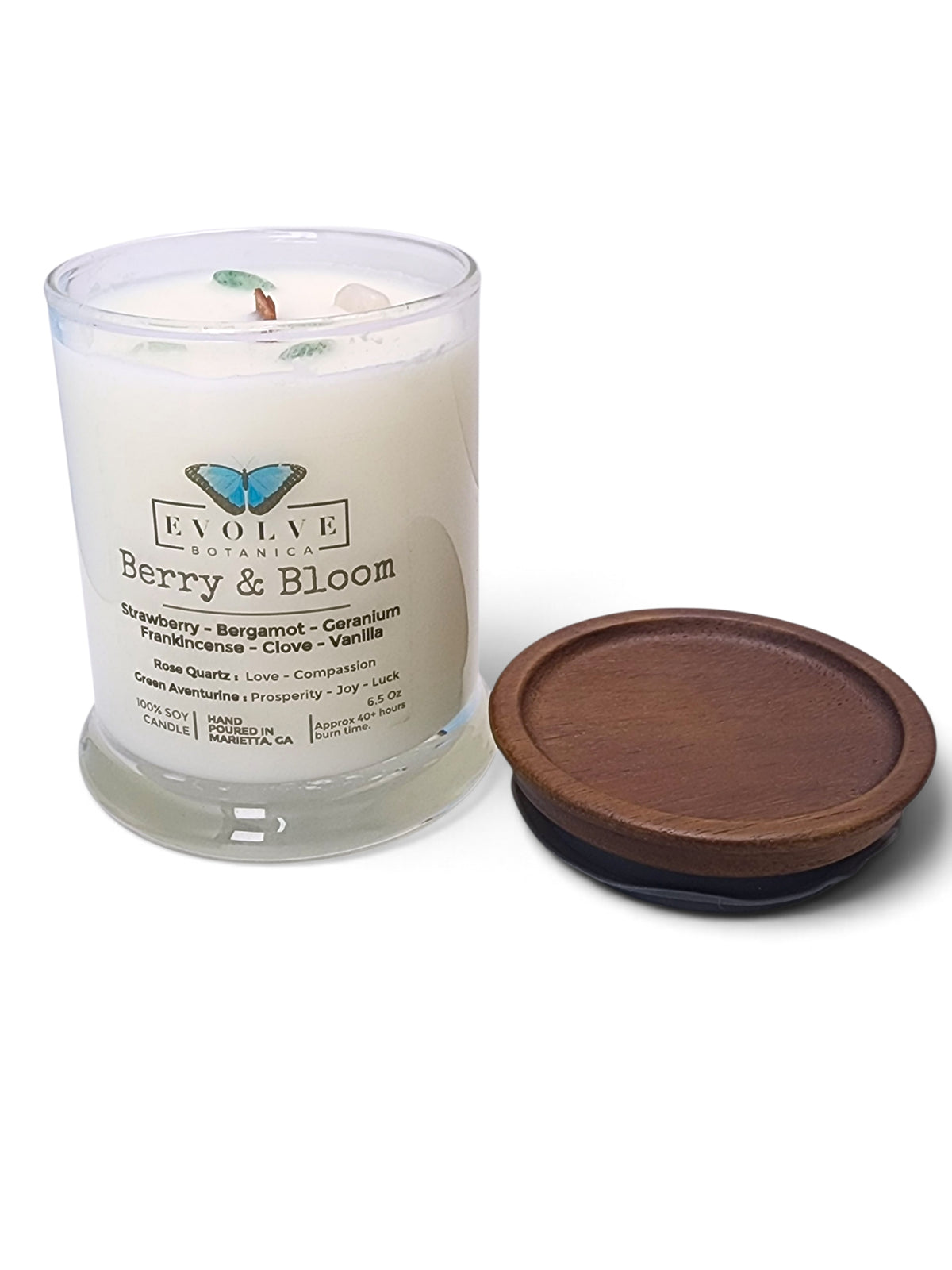 Evolve Botanica Berry & Bloom 6.5 oz soy sipper candle, crystal candle on white background, hand-poured in Marietta GA