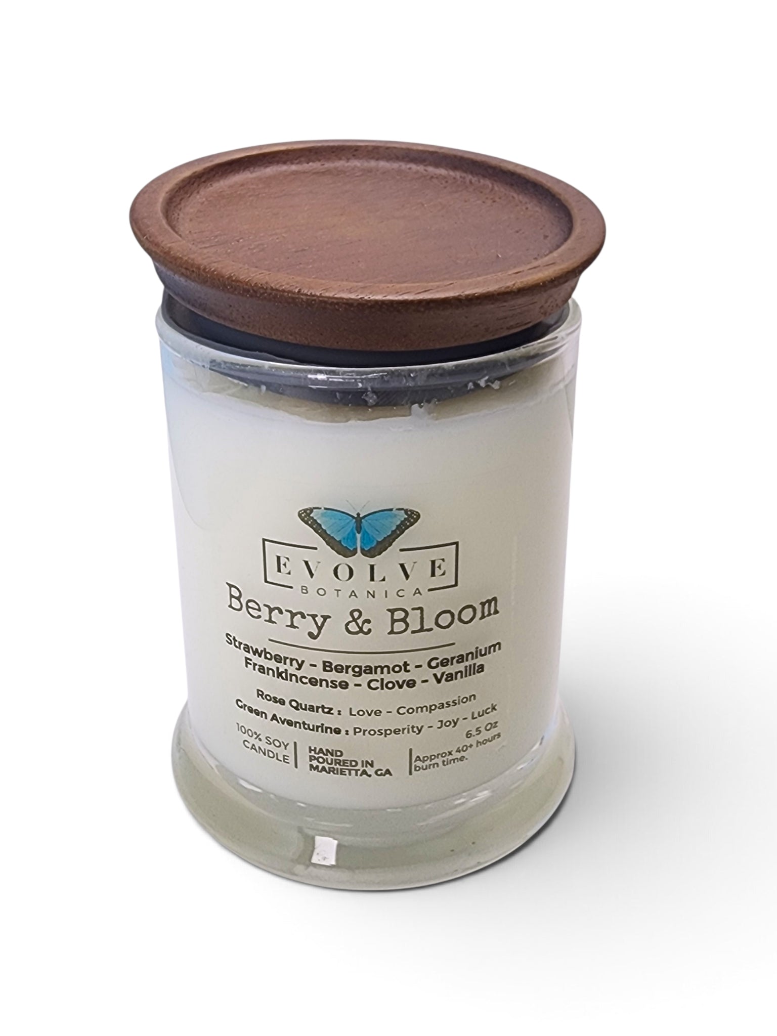 Evolve Botanica Berry & Bloom 6.5 oz soy sipper candle, crystal candle on white background, hand-poured in Marietta GA