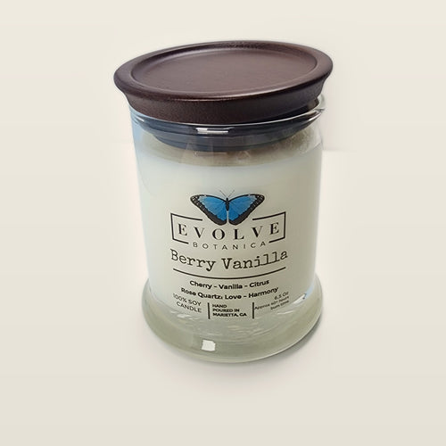 Evolve Botanica Berry Vanilla 6.5 oz soy sipper candle with wood lid, hand-poured in Marietta GA