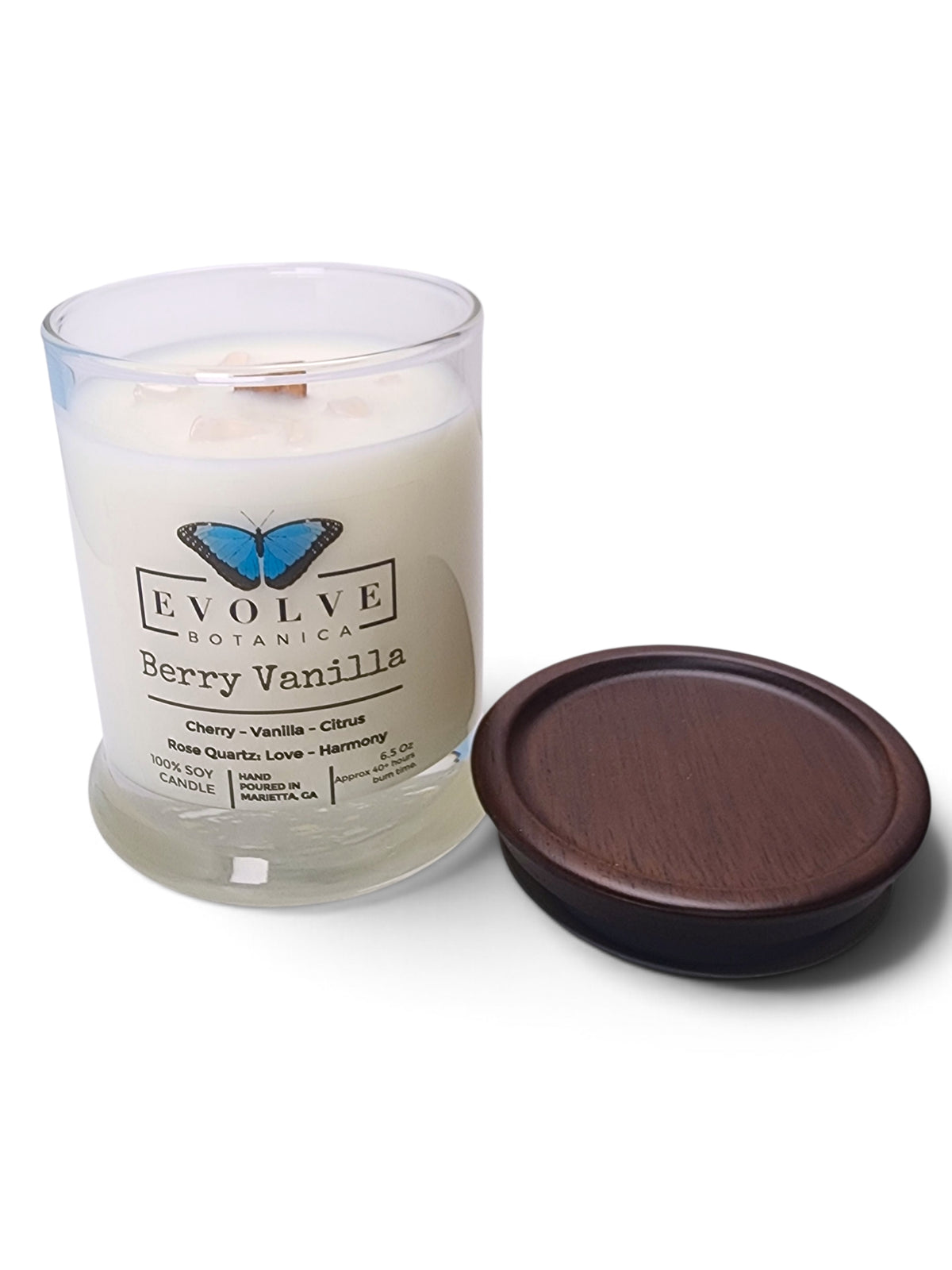 Evolve Botanica Berry Vanilla 6.5 oz soy sipper candle, crystal candle on white background, hand-poured in Marietta GA