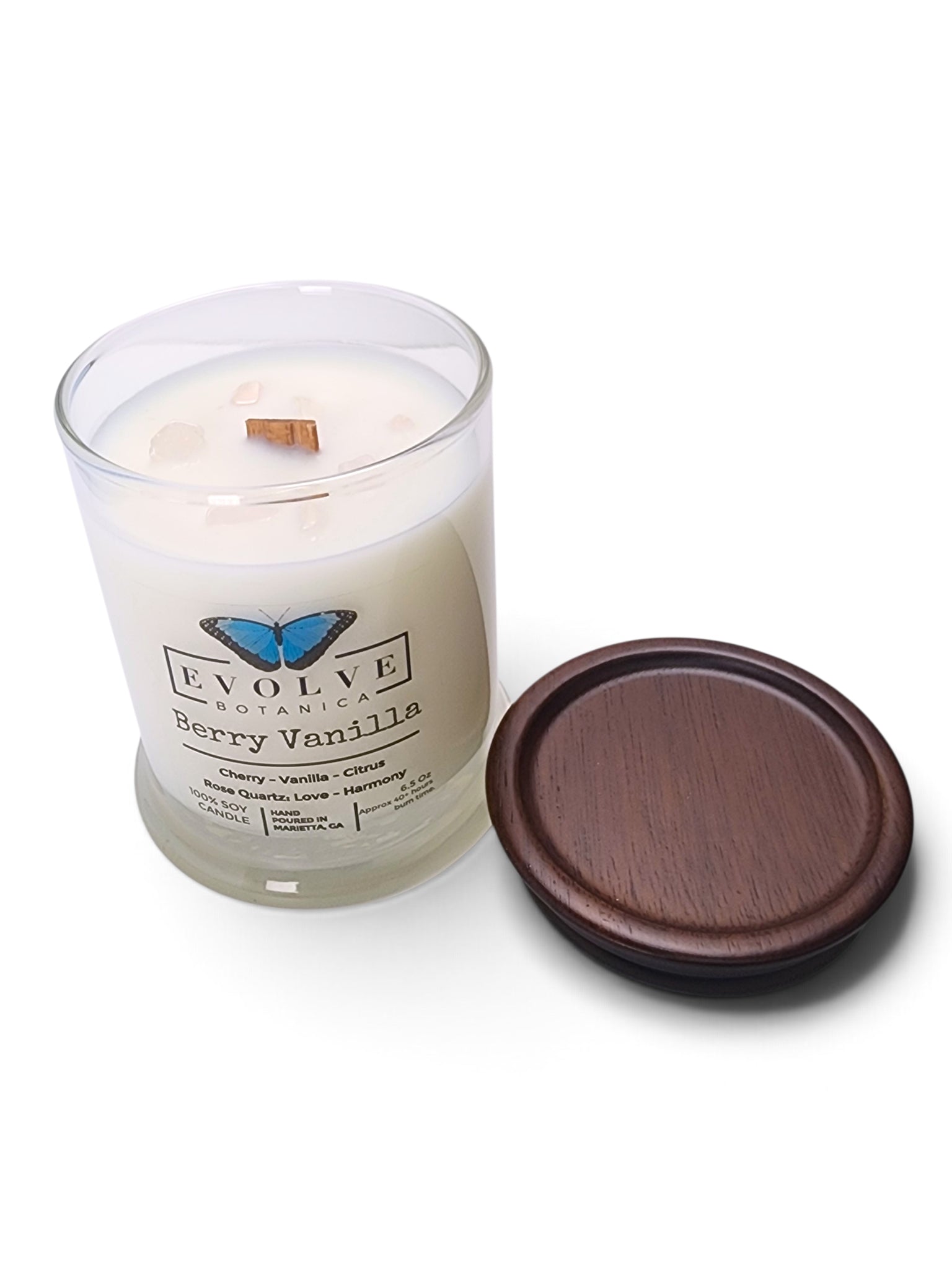 Evolve Botanica Berry Vanilla 6.5 oz soy sipper candle, crystal candle on white background, hand-poured in Marietta GA