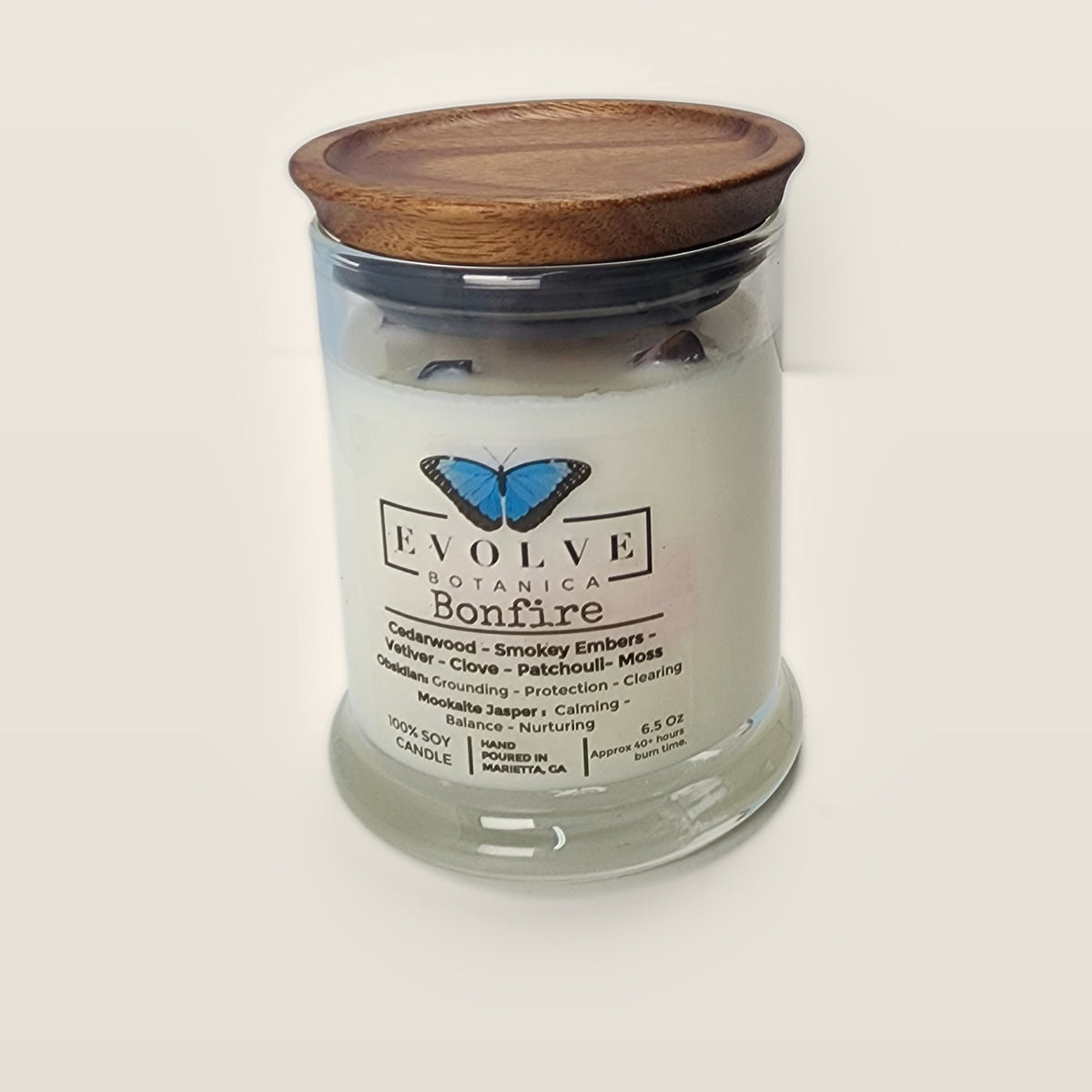 Evolve Botanica Bonfire 6.5 oz soy sipper candle with wood lid, hand-poured in Marietta GA