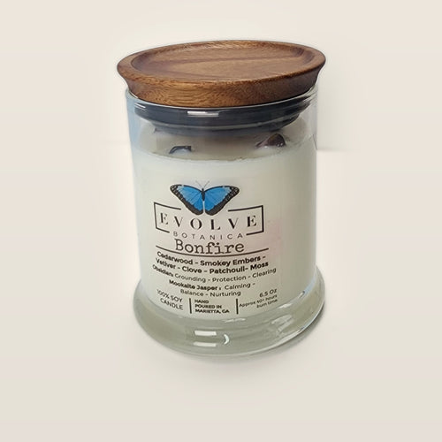 Evolve Botanica Bonfire 6.5 oz soy sipper candle with wood lid, hand-poured in Marietta GA