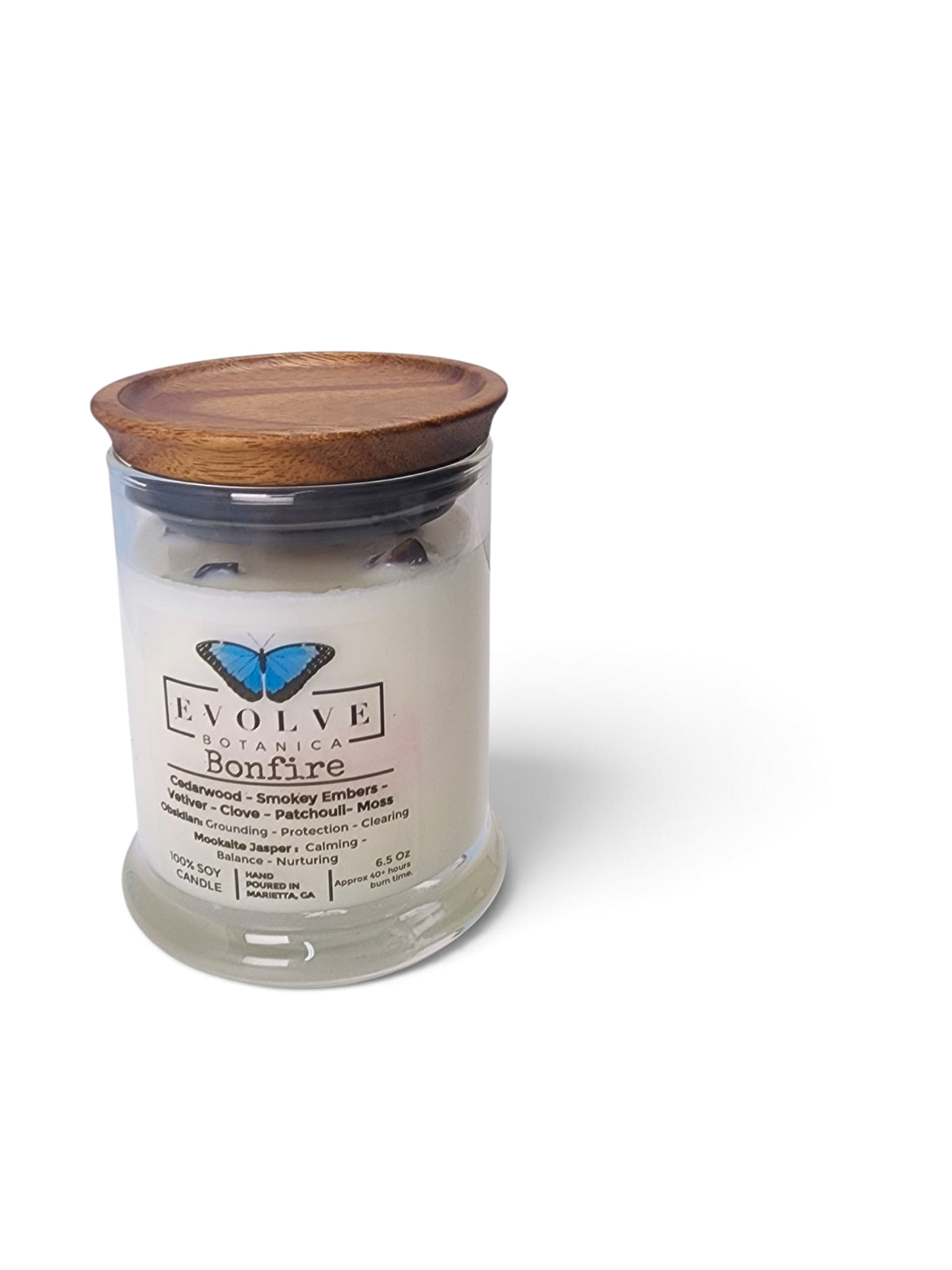 Evolve Botanica Bonfire 6.5 oz soy sipper candle, crystal candle on white background, hand-poured in Marietta GA