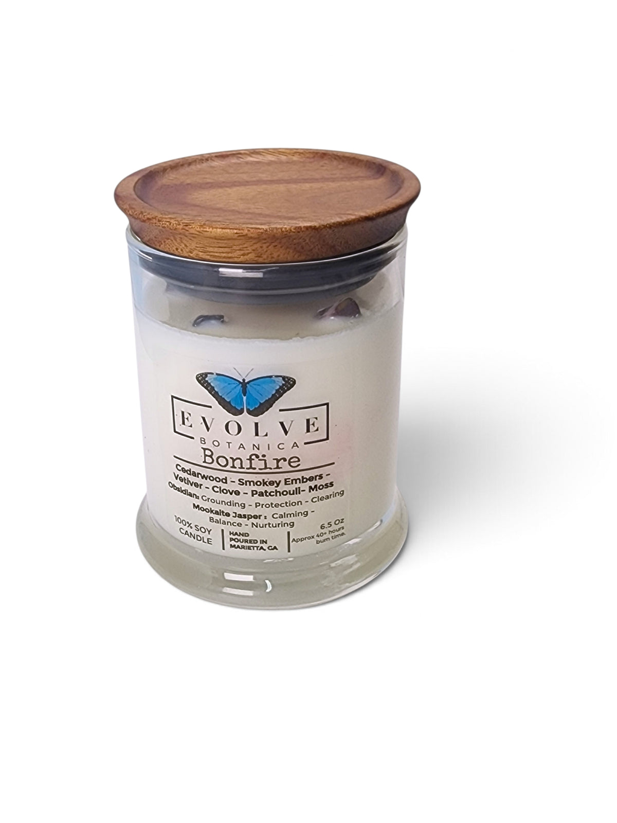Evolve Botanica Bonfire 6.5 oz soy sipper candle, crystal candle on white background, hand-poured in Marietta GA