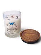 Evolve Botanica Bonfire 6.5 oz soy sipper candle, crystal candle on white background, hand-poured in Marietta GA
