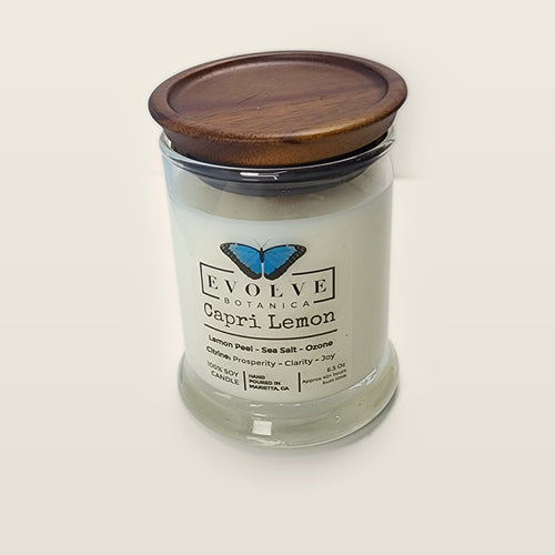 Evolve Botanica Capri Lemon 6.5 oz soy sipper candle with wood lid, hand-poured in Marietta GA