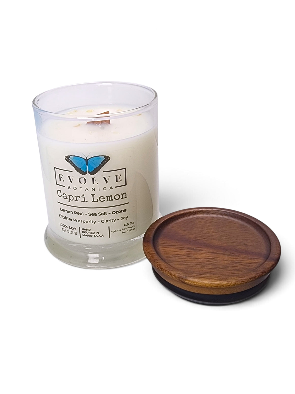 Evolve Botanica Capri Lemon 6.5 oz soy sipper candle, crystal candle on white background, hand-poured in Marietta GA