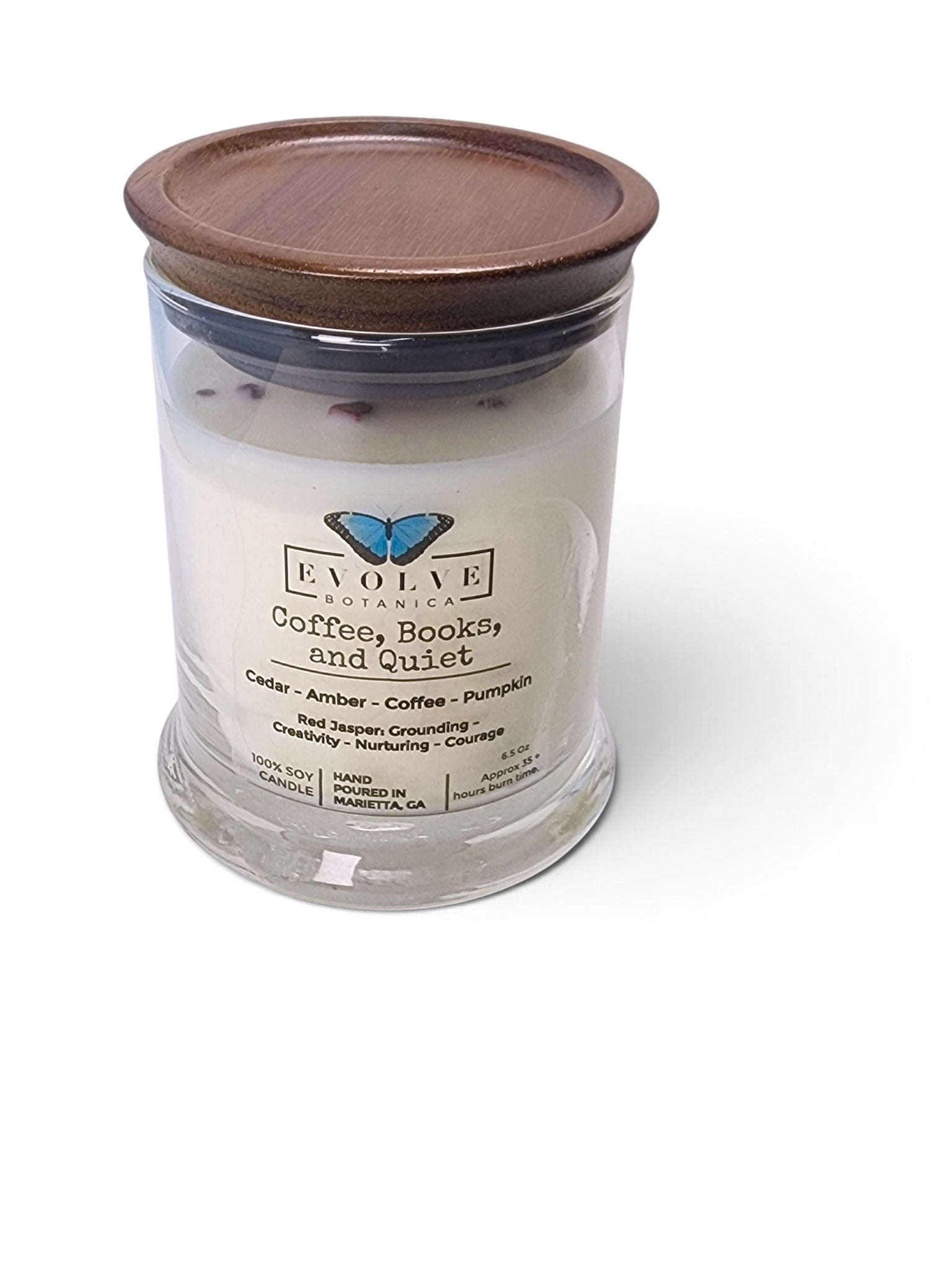 Evolve Botanica Coffee, Books, & Quiet 6.5 oz soy sipper candle, crystal candle on white background, hand-poured in Marietta GA