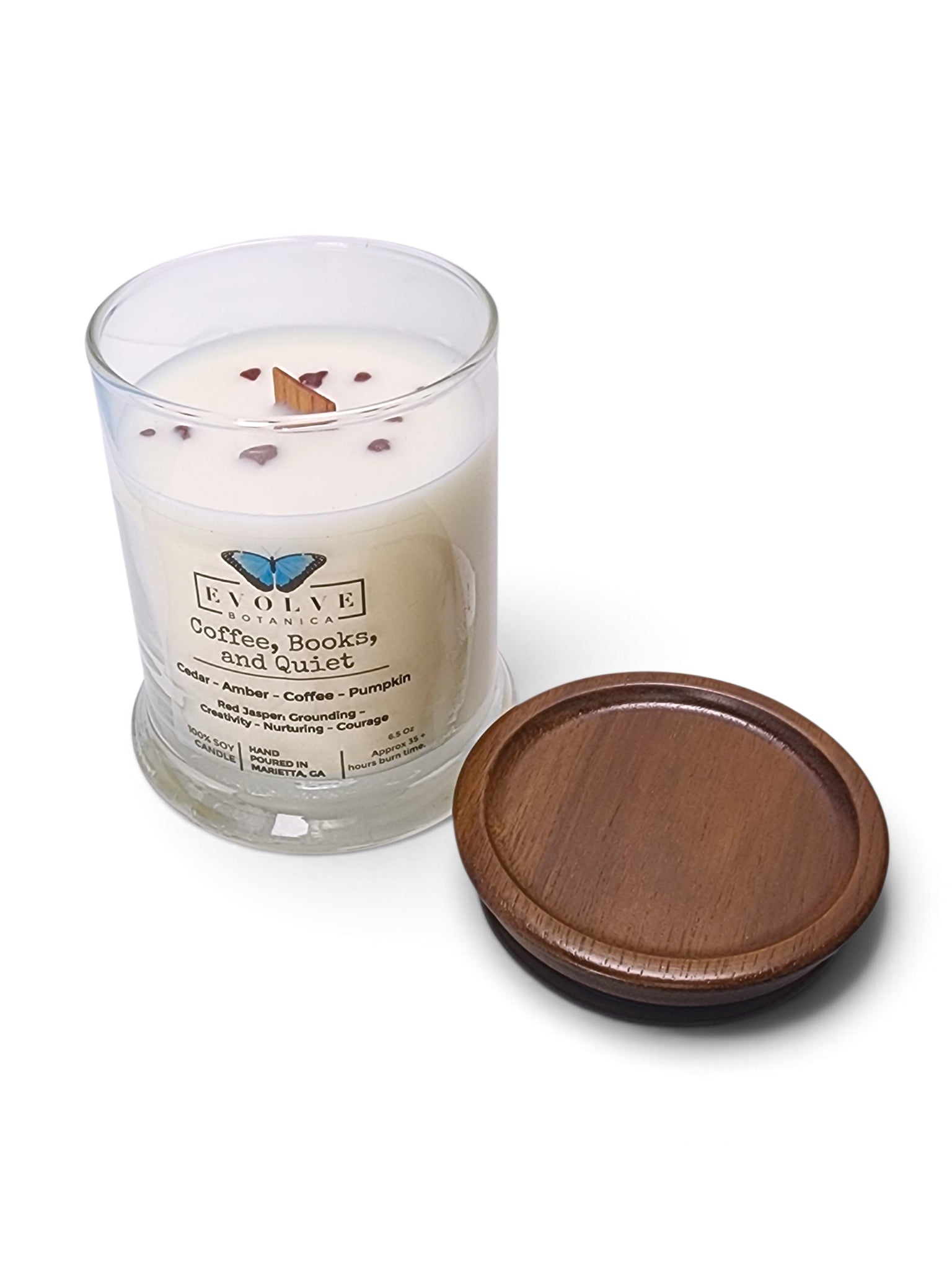Evolve Botanica Coffee, Books, & Quiet 6.5 oz soy sipper candle, crystal candle on white background, hand-poured in Marietta GA