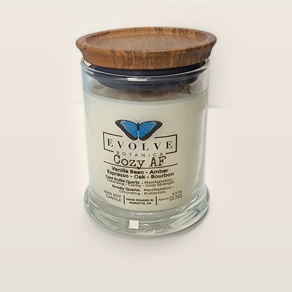 Evolve Botanica Cozy AF 6.5 oz soy sipper candle with wood lid, hand-poured in Marietta GA