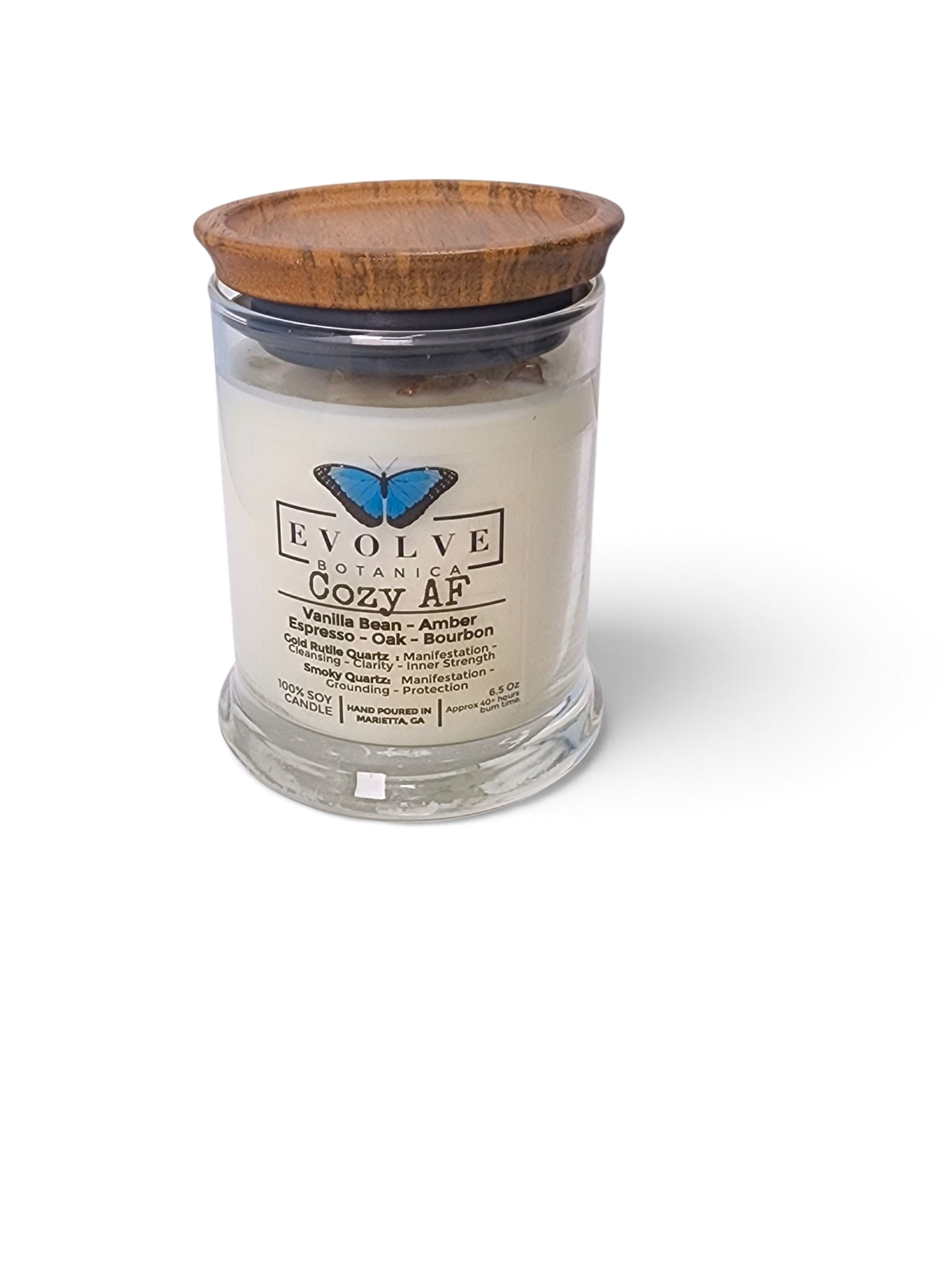 Evolve Botanica Cozy AF 6.5 oz soy sipper candle, crystal candle on white background, hand-poured in Marietta GA