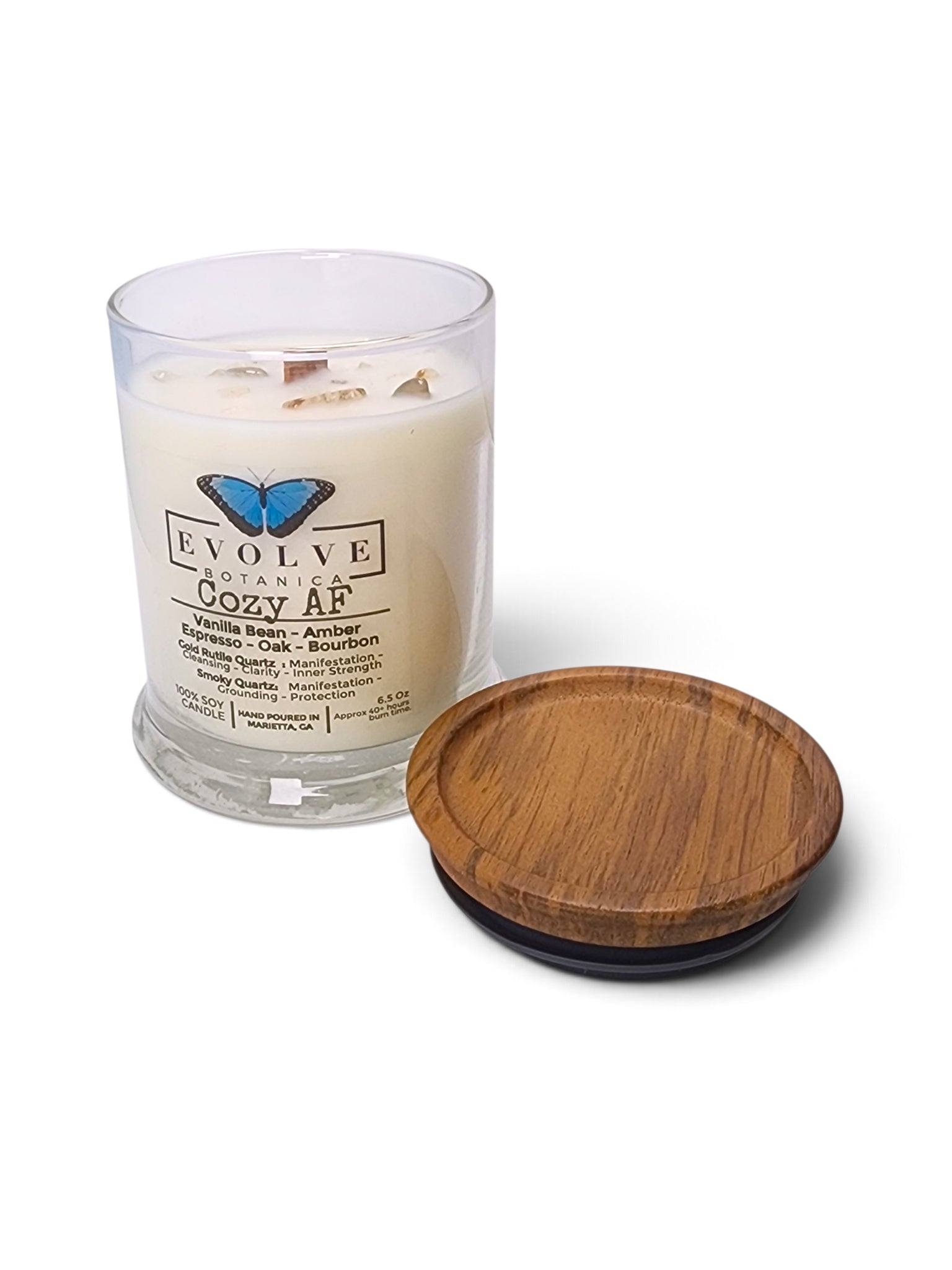 Evolve Botanica Cozy AF 6.5 oz soy sipper candle, crystal candle on white background, hand-poured in Marietta GA