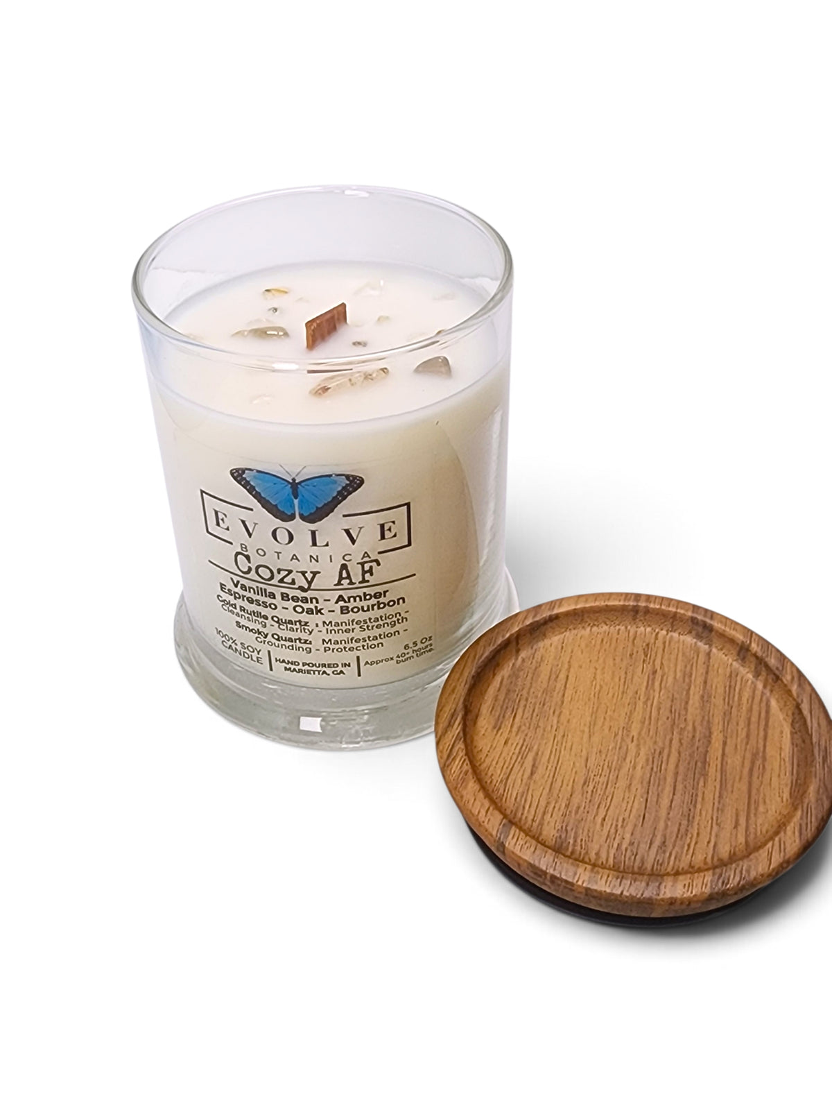 Evolve Botanica Cozy AF 6.5 oz soy sipper candle, crystal candle on white background, hand-poured in Marietta GA