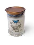 Evolve Botanica Cozy AF 6.5 oz soy sipper candle, crystal candle on white background, hand-poured in Marietta GA