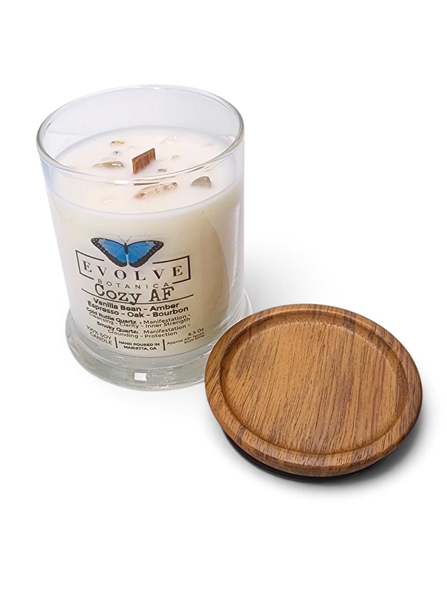 Evolve Botanica Diamonds & Pearls 6.5 oz soy sipper candle, crystal candle on white background, hand-poured in Marietta GA