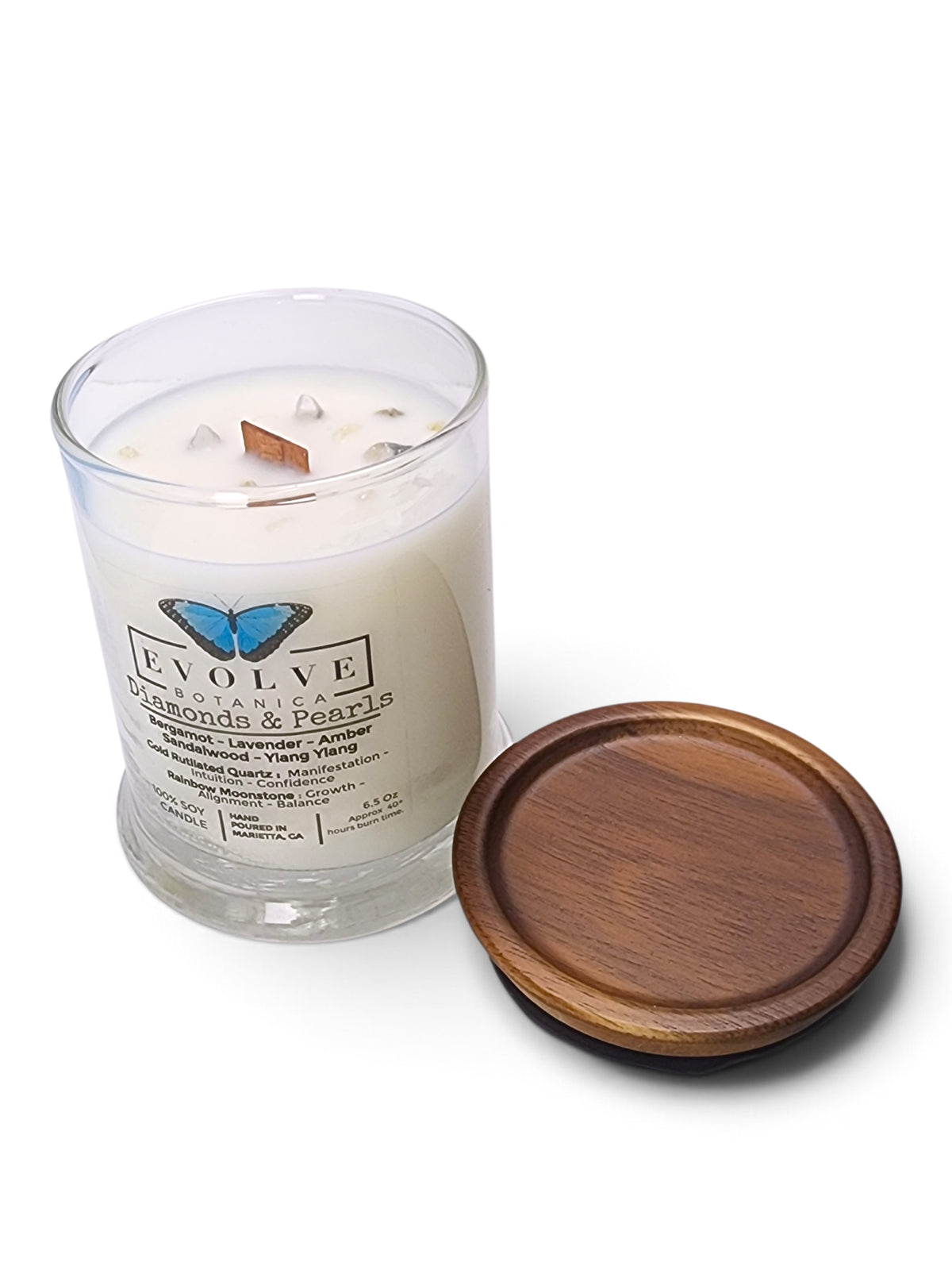 Evolve Botanica Diamonds & Pearls 6.5 oz soy sipper candle, crystal candle on white background, hand-poured in Marietta GA
