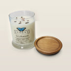 Evolve Botanica Driftwood 6.5 oz soy sipper candle open with wood lid and crystals