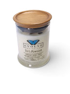 Evolve Botanica Driftwood 6.5 oz soy sipper candle, crystal candle on white background, hand-poured in Marietta GA