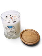 Evolve Botanica Driftwood 6.5 oz soy sipper candle, crystal candle on white background, hand-poured in Marietta GA