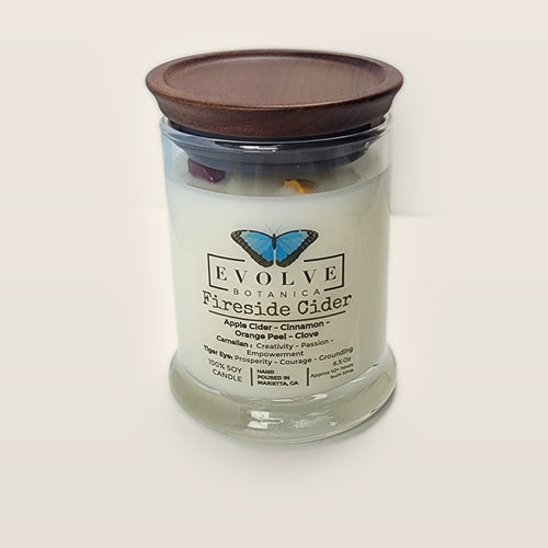 Evolve Botanica Fireside Cider 6.5 oz soy sipper candle with wood lid, hand-poured in Marietta GA