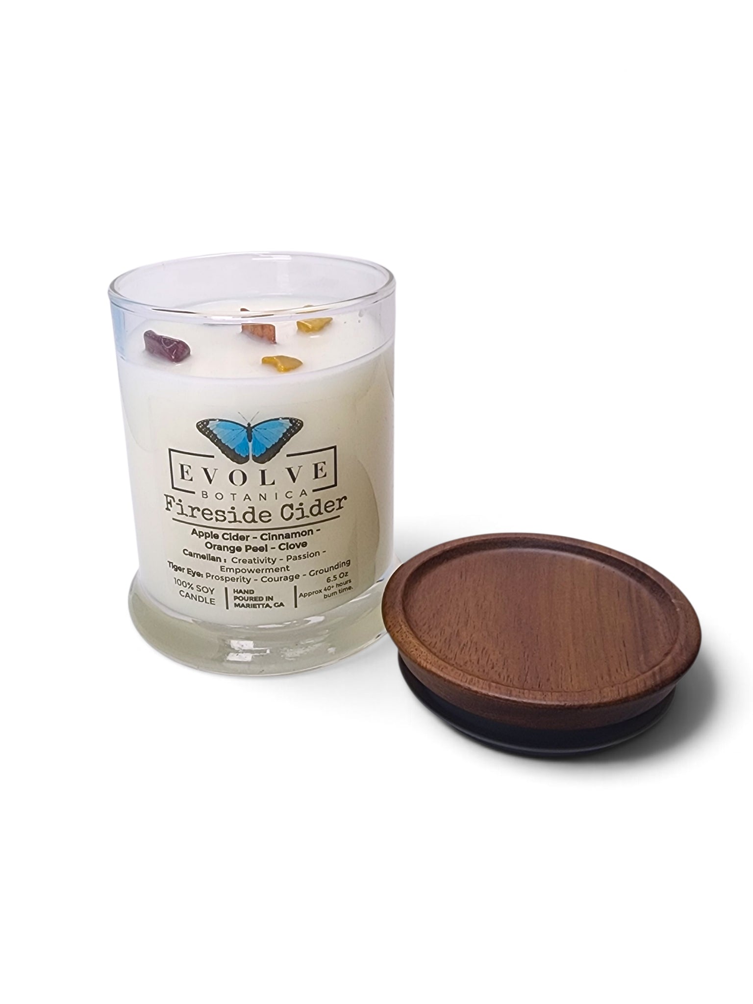 Evolve Botanica Fireside Cider 6.5 oz soy sipper candle, crystal candle on white background, hand-poured in Marietta GA