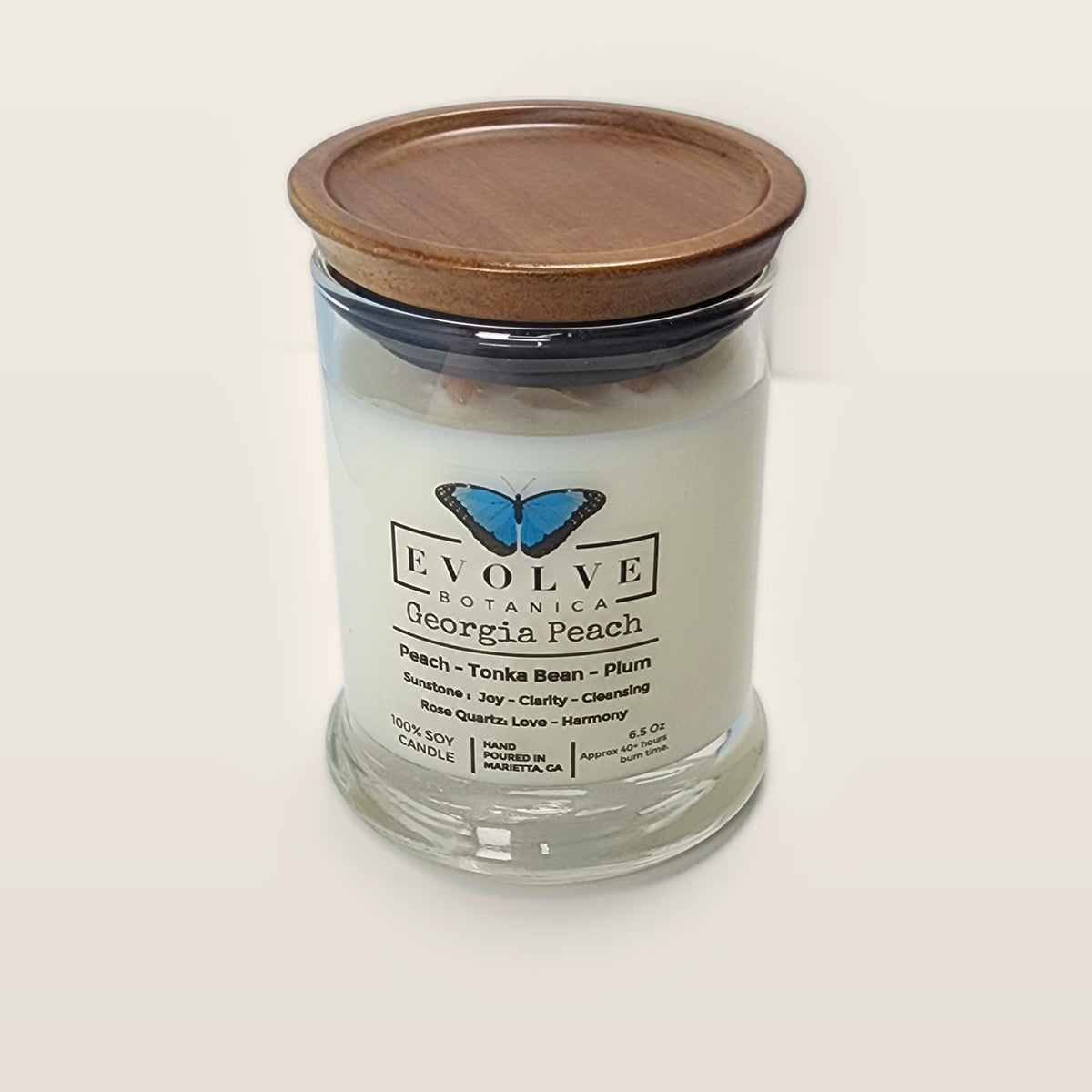 Evolve Botanica Georgia Peach 6.5 oz soy sipper candle with wood lid, hand-poured in Marietta GA