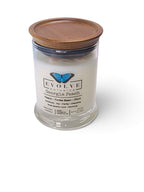 Evolve Botanica Georgia Peach 6.5 oz soy sipper candle, crystal candle on white background, hand-poured in Marietta GA