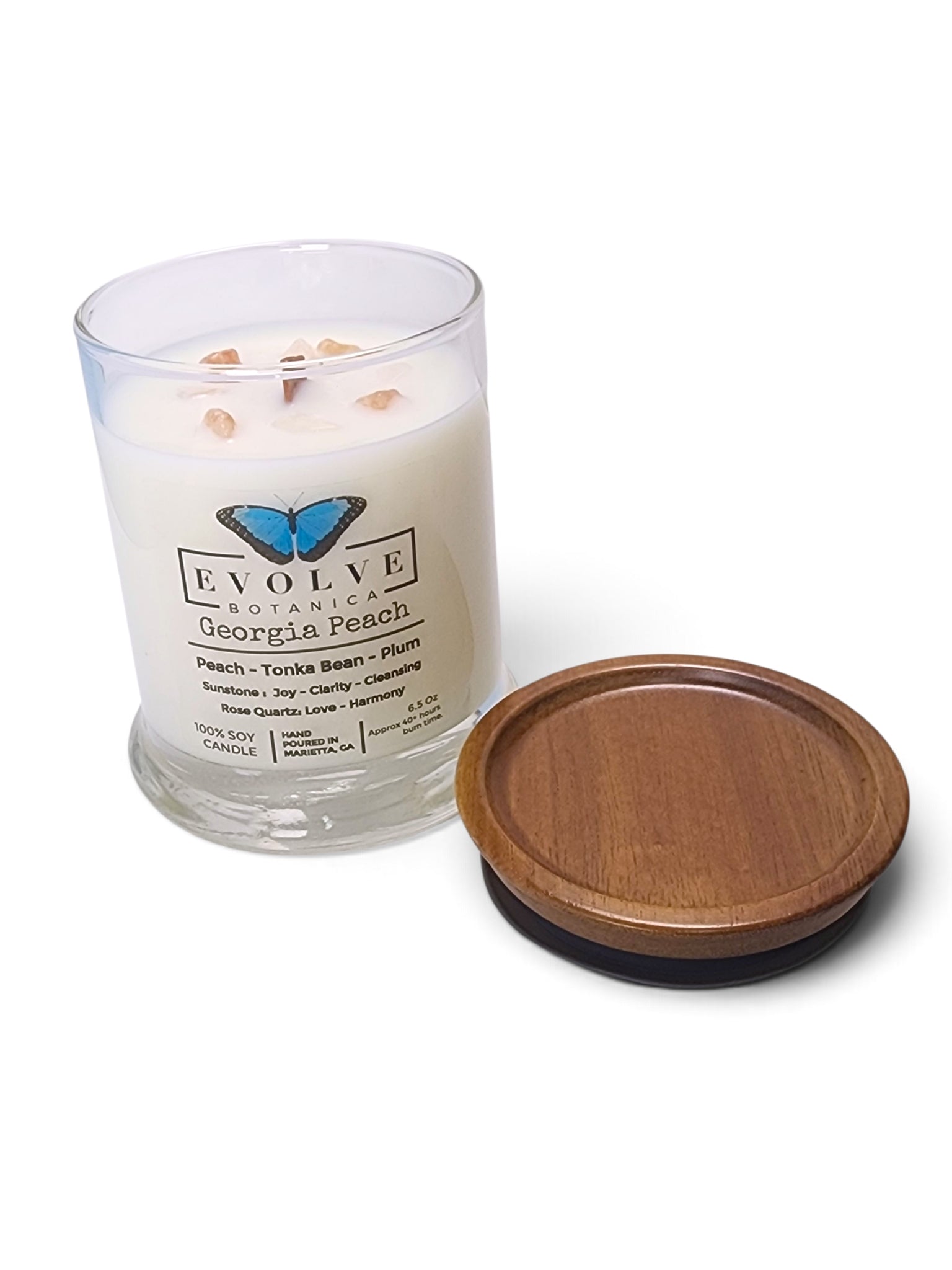 Evolve Botanica Georgia Peach 6.5 oz soy sipper candle, crystal candle on white background, hand-poured in Marietta GA