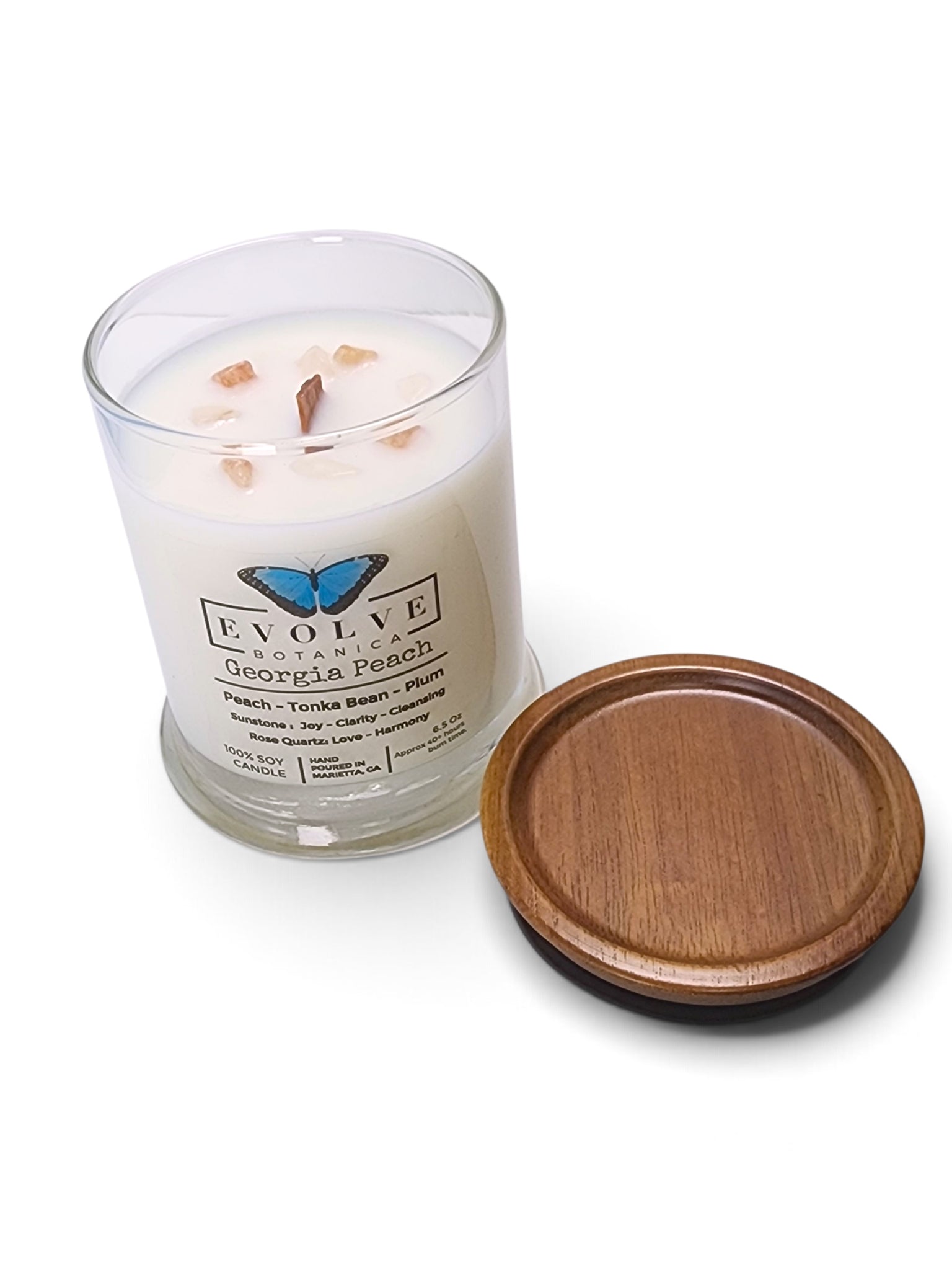 Evolve Botanica Georgia Peach 6.5 oz soy sipper candle, crystal candle on white background, hand-poured in Marietta GA