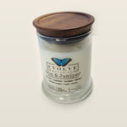 Evolve Botanica Gin & Juniper 6.5 oz soy sipper candle with wood lid, hand-poured in Marietta GA
