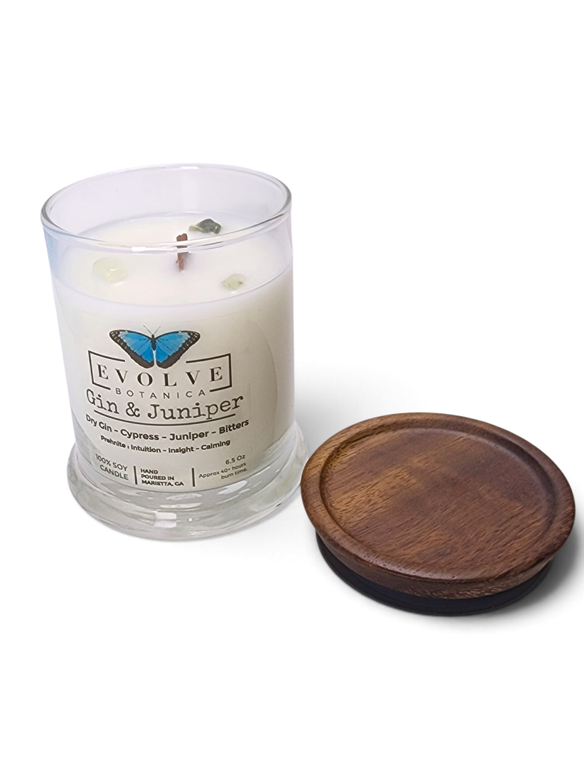 Evolve Botanica Gin & Juniper 6.5 oz soy sipper candle, crystal candle on white background, hand-poured in Marietta GA