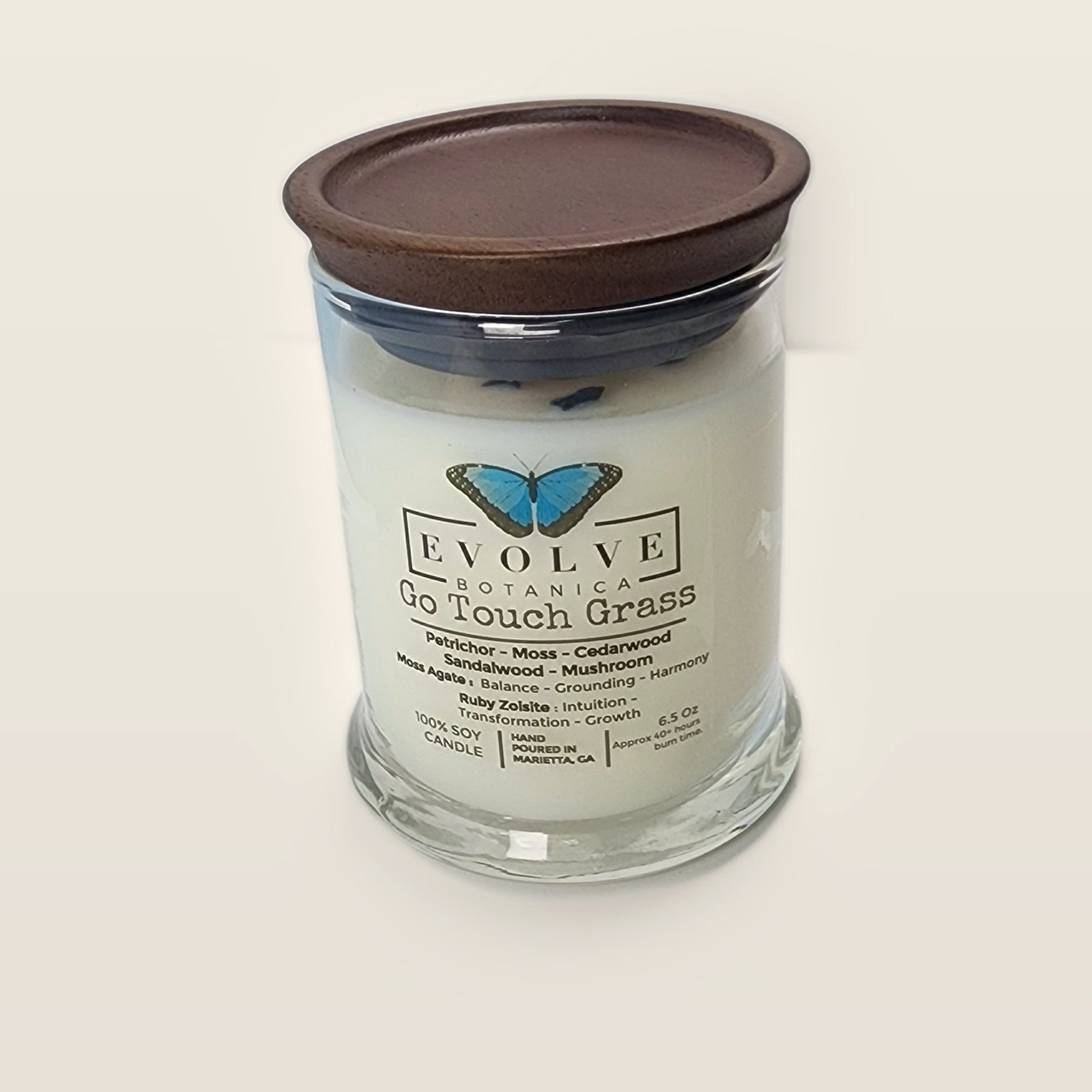 Evolve Botanica Go Touch Grass 6.5 oz soy sipper candle with wood lid, hand-poured in Marietta GA