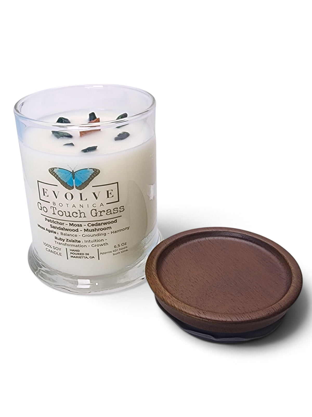 Evolve Botanica Go Touch Grass 6.5 oz soy sipper candle, crystal candle on white background, hand-poured in Marietta GA